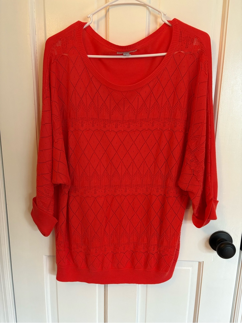 New York & Company Bright Red Open-Knit Scoop Neck Sweater